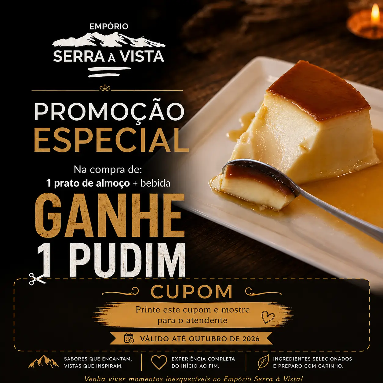 Cupom de desconto Empório Serra à Vista: na compra de 1 prato + bebida, ganhe 1 Petit Gateau